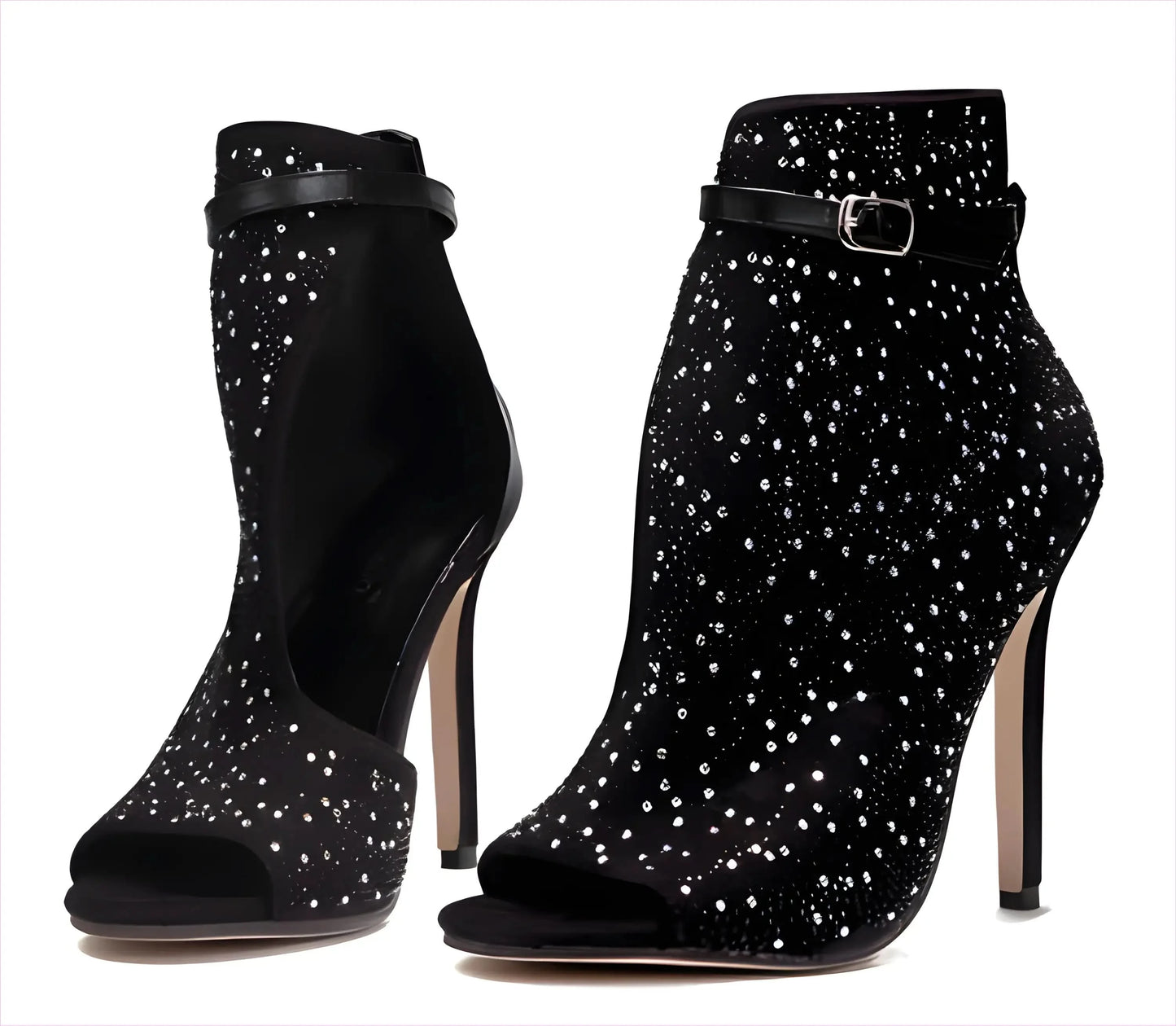 Sparkly Black Peep-toe Rhinestone High Heel Ankle Boots - Pleasures and Sins