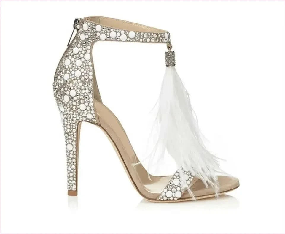 Sparkly Rhinestone Wedding Shoes with Sexy Feather Sandals Flair - Pleasures and Sins