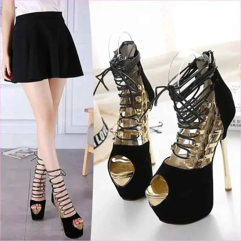 Strappy High 16cm Stiletto Heel Peep Toe Platform Sandals - Pleasures and Sins