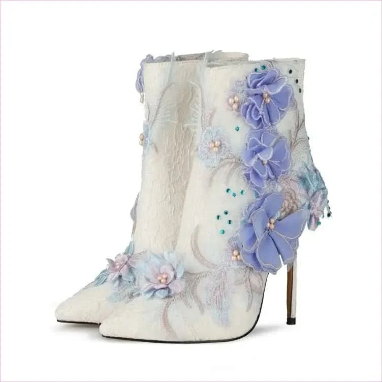 Stunning Lace Floral Bridal Booties with Lavender Appliqués and Beading - Pleasures and Sins