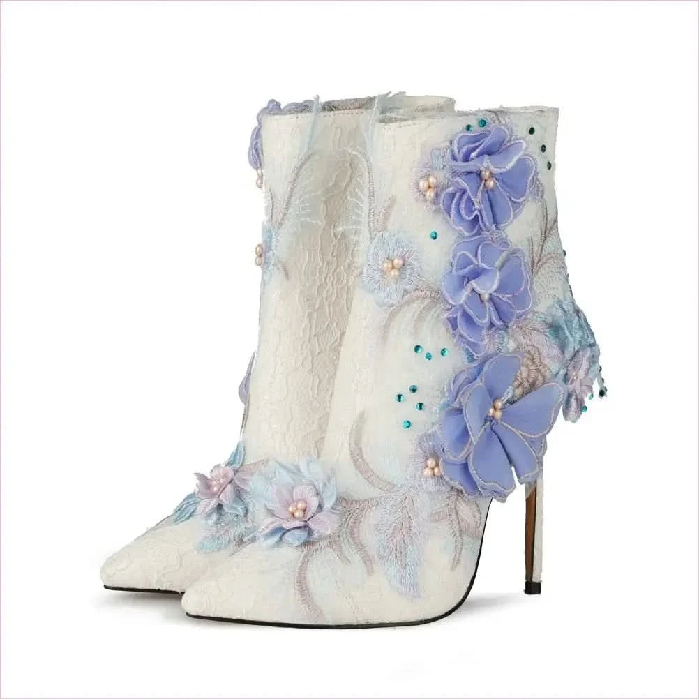 Stunning Lace Floral Bridal Booties with Lavender Appliqués and Beading - Pleasures and Sins