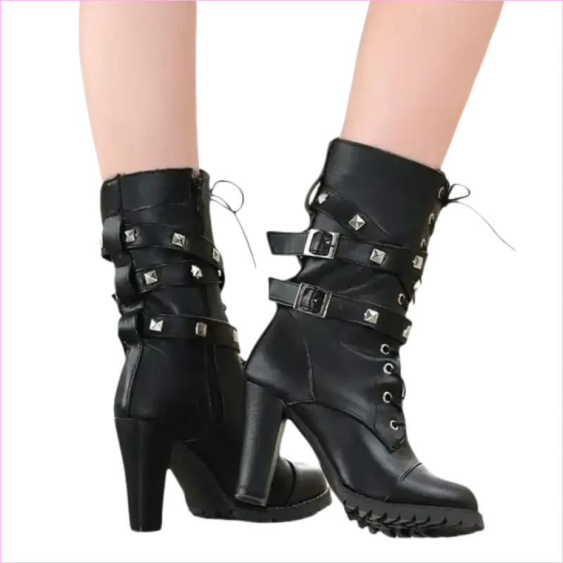 Stunning Rivet Motorcycle High Heel Ankle Boots in Black Leather - Pleasures and Sins