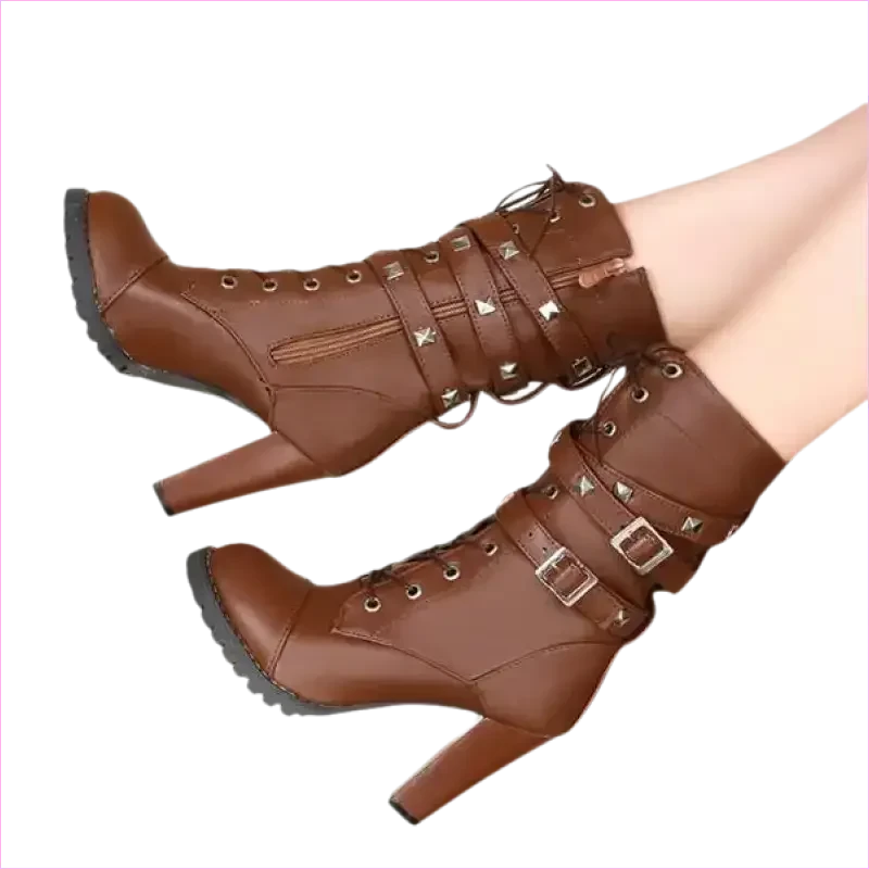Stunning Rivet Motorcycle High Heel Ankle Boots in Black Leather - Pleasures and Sins
