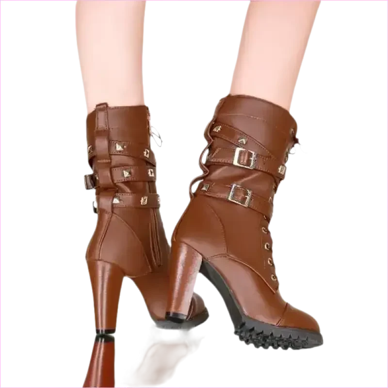 Stunning Rivet Motorcycle High Heel Ankle Boots in Black Leather - Pleasures and Sins