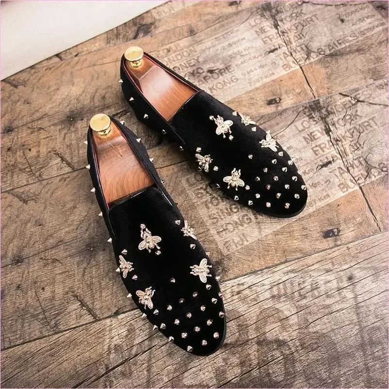 Stylish Bee Encrusted Velour Casual Studded Loafers for Men - Pleasures and Sins