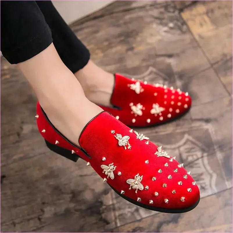 Stylish Bee Encrusted Velour Casual Studded Loafers for Men - Pleasures and Sins