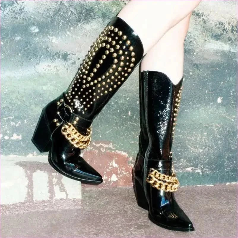 Stylish Black Patent Leather Western Cowboy Boots with Rivet Belt Buckle - Pleasures and Sins