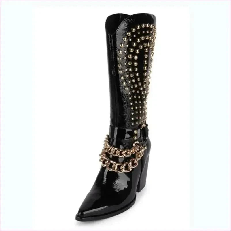 Stylish Black Patent Leather Western Cowboy Boots with Rivet Belt Buckle - Pleasures and Sins