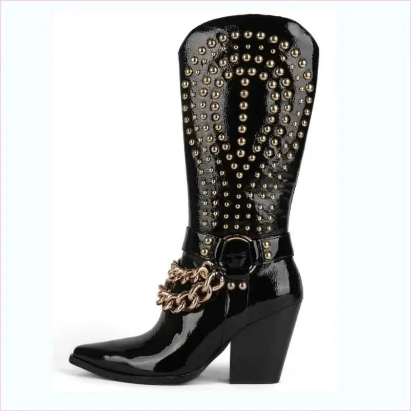 Stylish Black Patent Leather Western Cowboy Boots with Rivet Belt Buckle - Pleasures and Sins