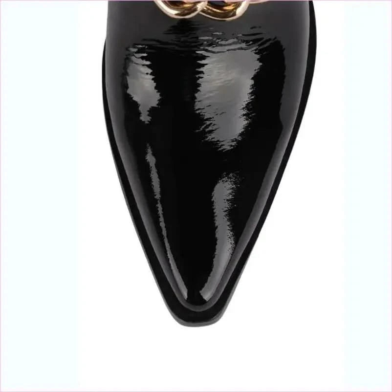 Stylish Black Patent Leather Western Cowboy Boots with Rivet Belt Buckle - Pleasures and Sins
