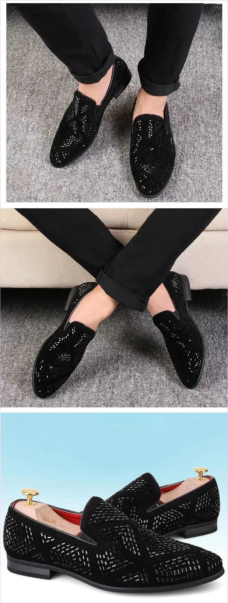 Stylish Black Velvet Loafers with Geometric Cutouts and Gold Accents - Pleasures and Sins