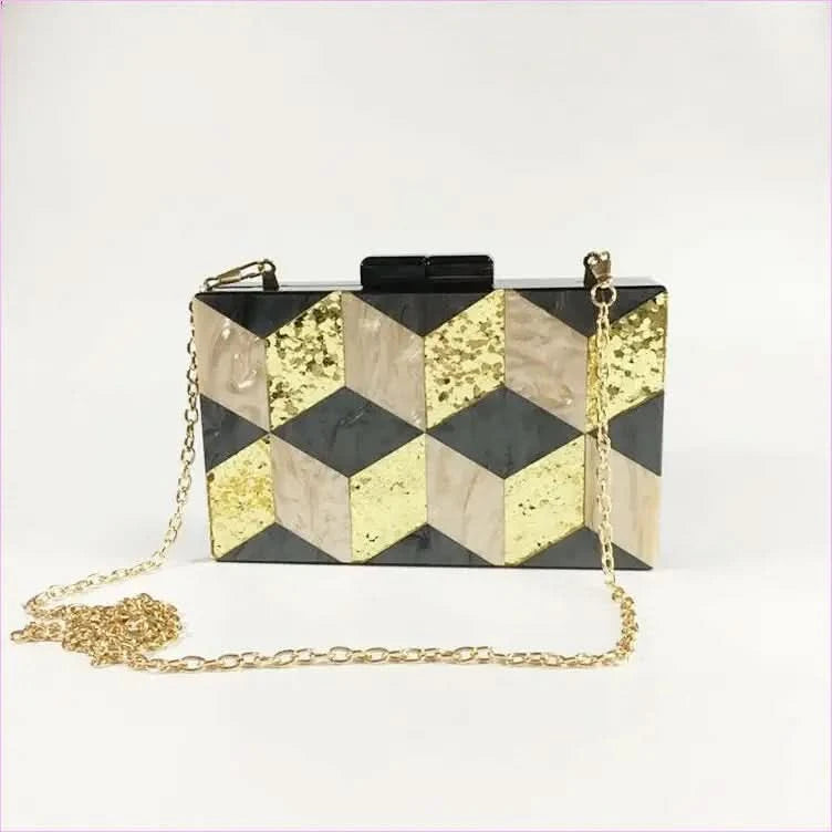 Stylish Ladies Deco Geometric Acrylic Dinner Bag in Gold and Black - Pleasures and Sins