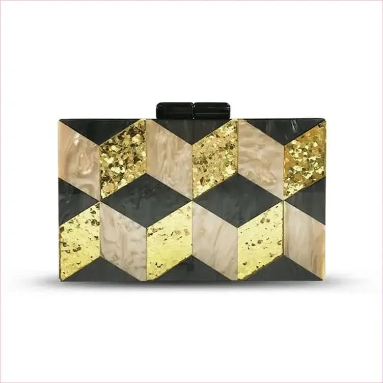 Stylish Ladies Deco Geometric Acrylic Dinner Bag in Gold and Black - Pleasures and Sins