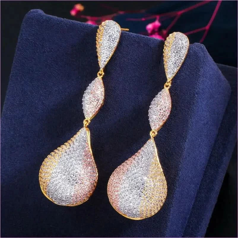 Stylish Long Elegant Earrings with Micropaved Zirconia Three-color Design - Pleasures and Sins