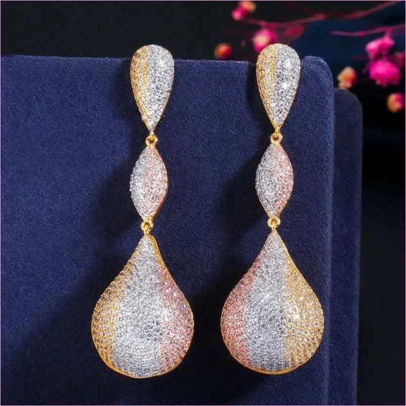 Stylish Long Elegant Earrings with Micropaved Zirconia Three-color Design - Pleasures and Sins