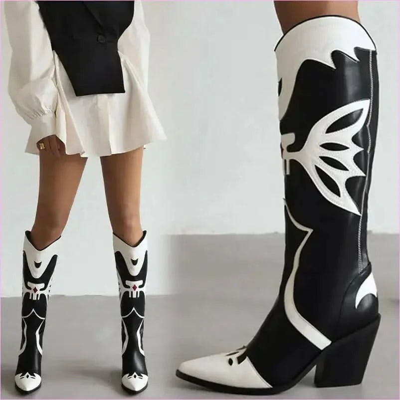 Stylish Western Cowboy Women's Knee High Boots with Pointed Toe - Pleasures and Sins