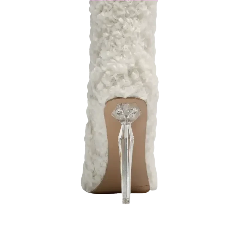 Tall White Furry Knee High Pointed Toe Boots with Crystal Transparent Heel - Pleasures and Sins
