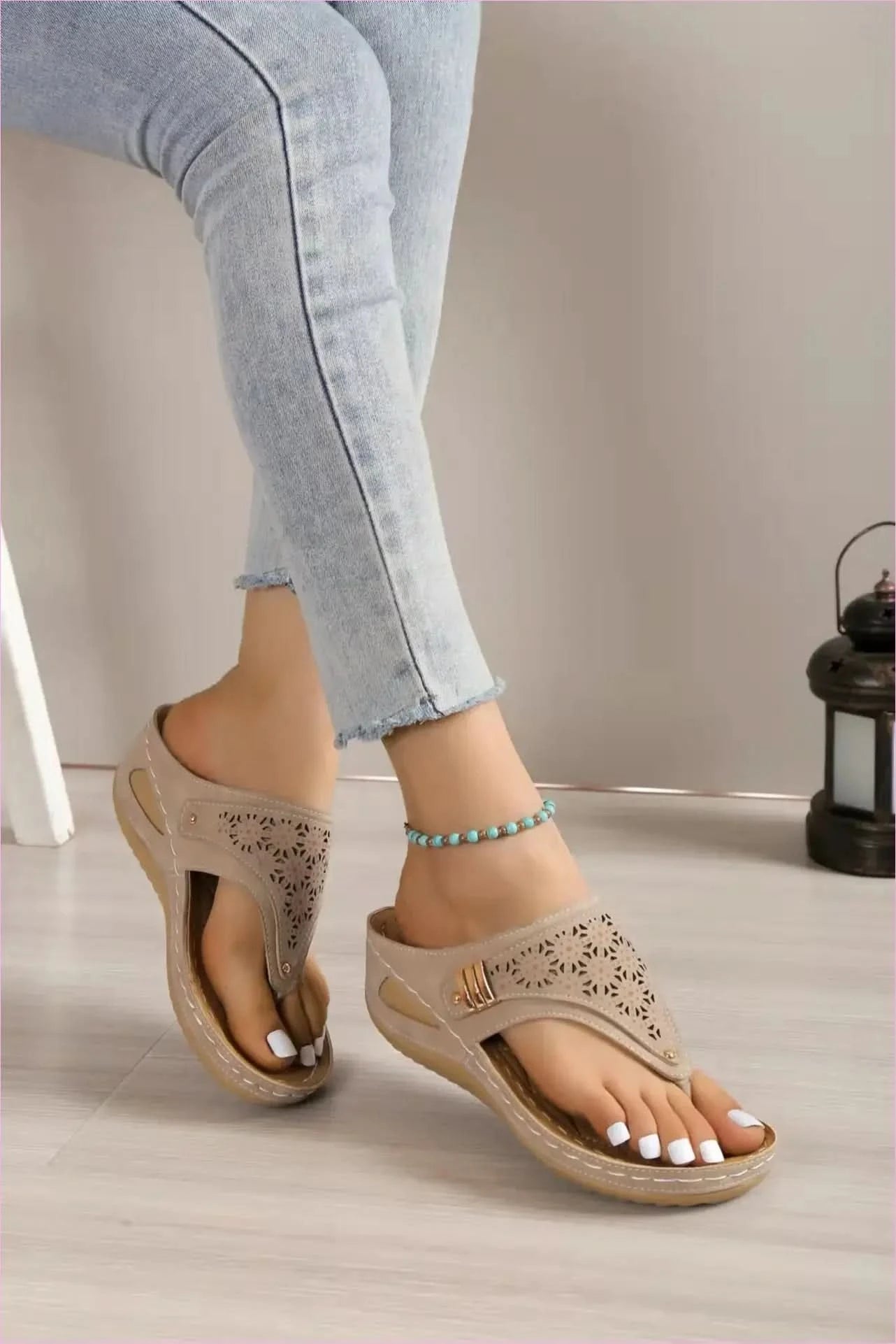 Tan Leather Platform Wedge Sandals in Roman Style with Floral Cutouts - Pleasures and Sins