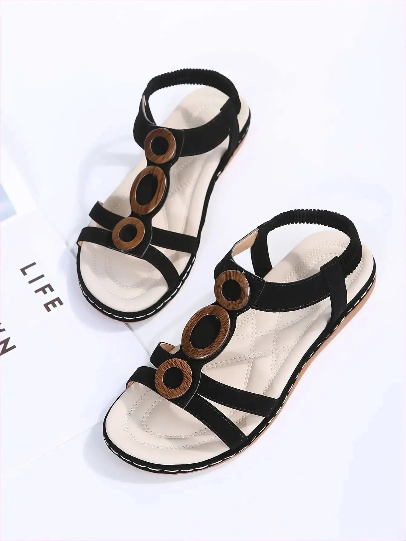 Teal Ladies Bohemian Design Ankle Fasten Sandals with Wooden Ring - Pleasures and Sins