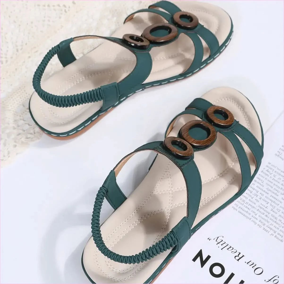 Teal Ladies Bohemian Design Ankle Fasten Sandals with Wooden Ring - Pleasures and Sins
