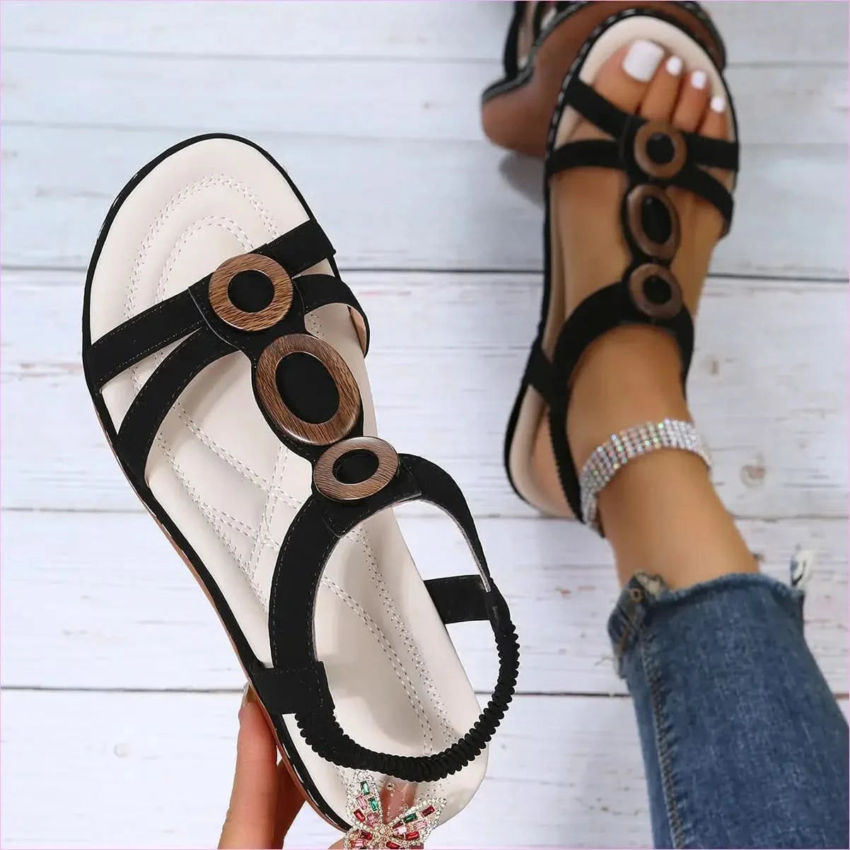Teal Ladies Bohemian Design Ankle Fasten Sandals with Wooden Ring - Pleasures and Sins