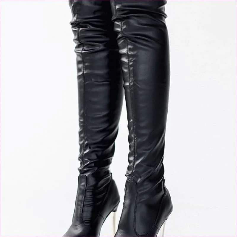 Thigh Length Ladies Boots with Zipper High Heel and Pointed Toe Style - Pleasures and Sins