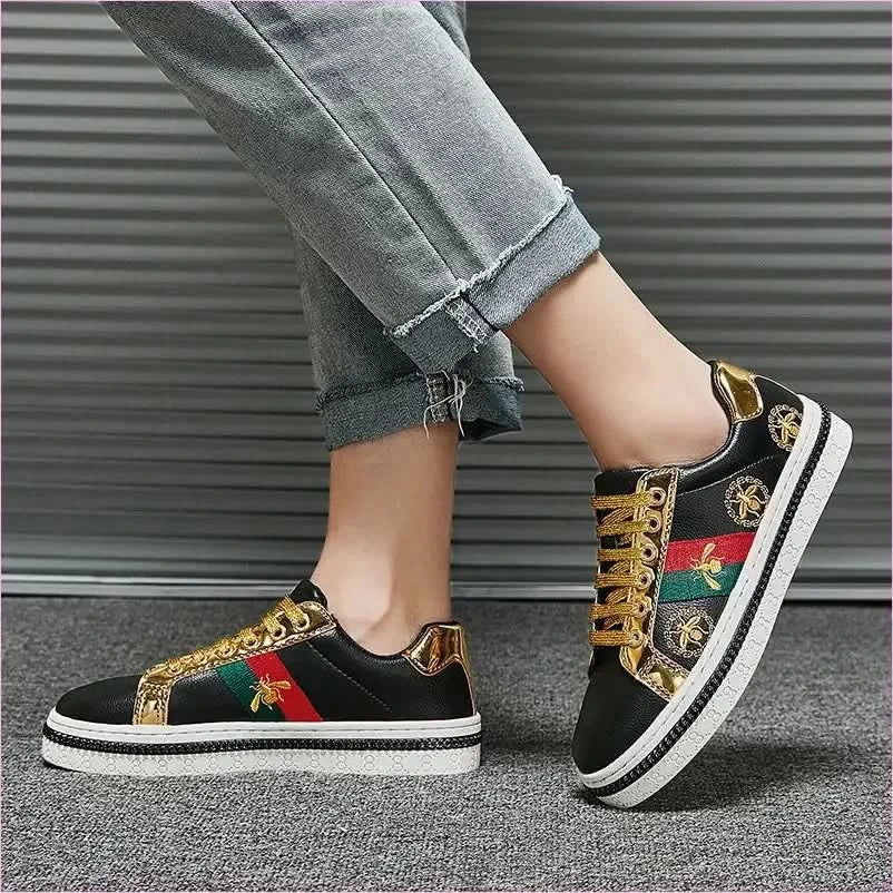 Trendy Breathable Board Shoes with Gold Accents and Floral Design - Pleasures and Sins
