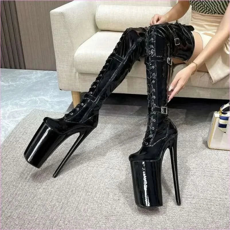Ultra High Heel Multi Buckle High Platform Patent Boots - Pleasures and Sins