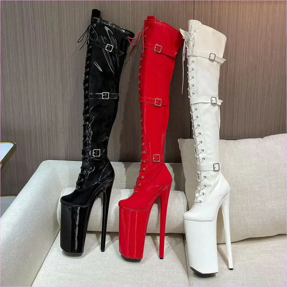 Ultra High Heel Multi Buckle High Platform Patent Boots - Pleasures and Sins