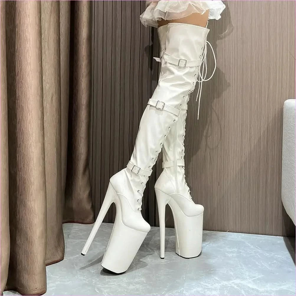Ultra High Heel Multi Buckle High Platform Patent Boots - Pleasures and Sins