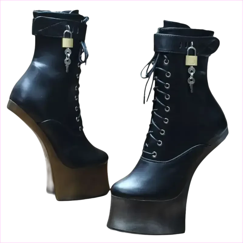 Unique Heel-less Hoof Lace Up Cosplay Lockable Boots in Black - Pleasures and Sins