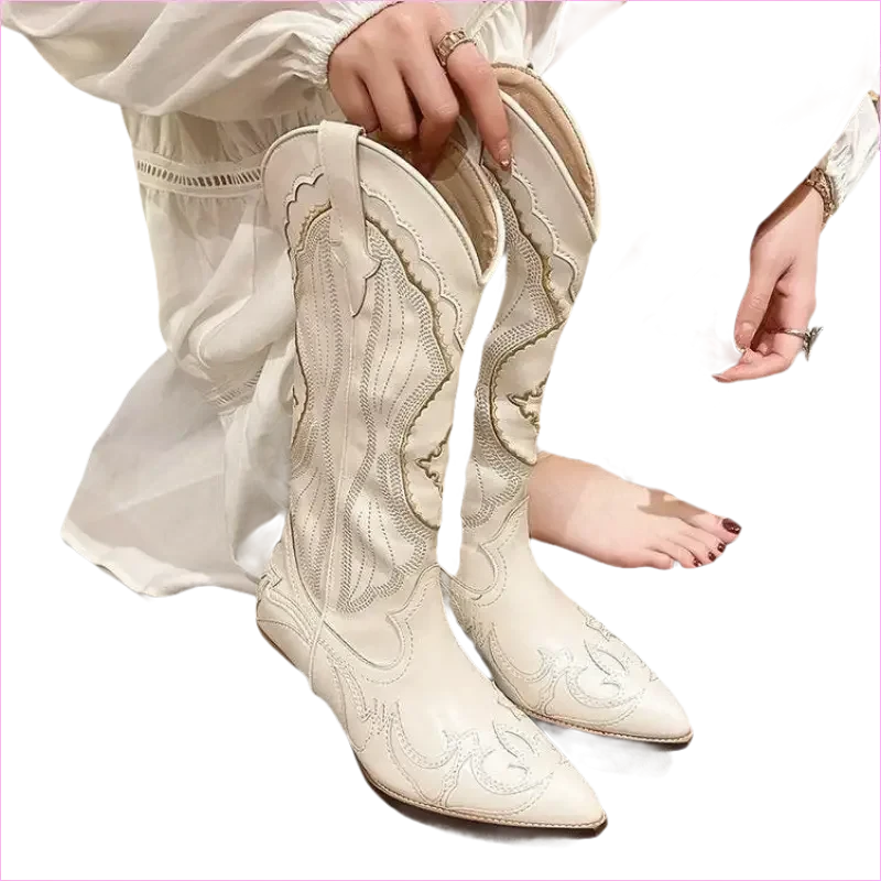 Unisex White Western Long Boots with Chunky High Heel - Pleasures and Sins