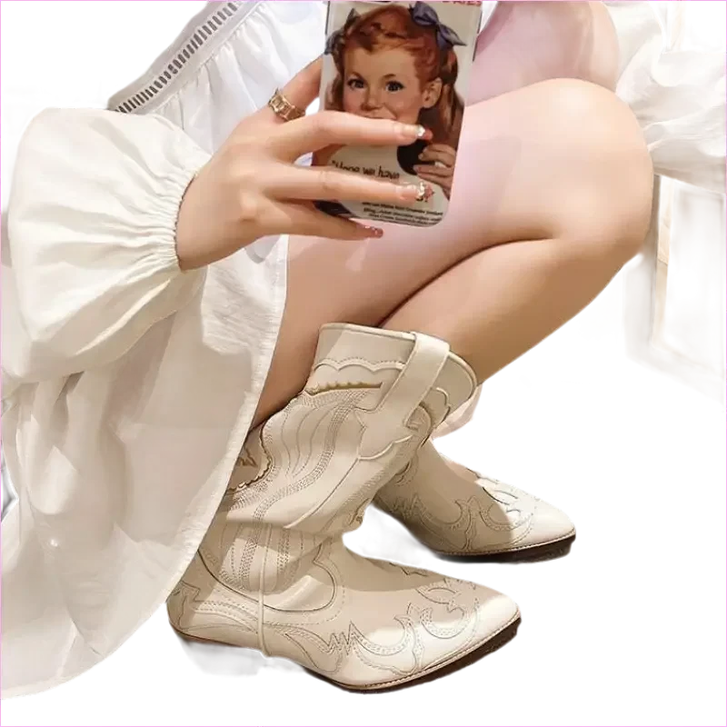 Unisex White Western Long Boots with Chunky High Heel - Pleasures and Sins