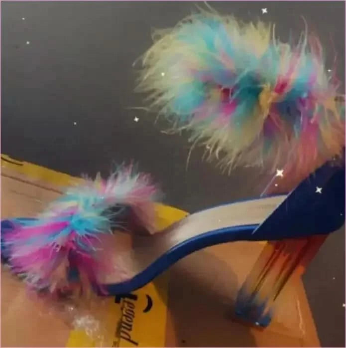 Vibrant Summer Rainbow Crystal Heel Sandals with Pom-poms - Pleasures and Sins