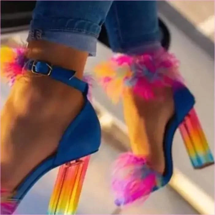 Vibrant Summer Rainbow Crystal Heel Sandals with Pom-poms - Pleasures and Sins