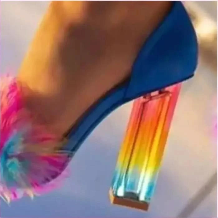 Vibrant Summer Rainbow Crystal Heel Sandals with Pom-poms - Pleasures and Sins