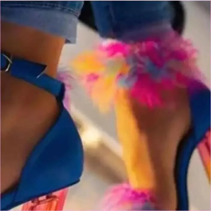 Vibrant Summer Rainbow Crystal Heel Sandals with Pom-poms - Pleasures and Sins