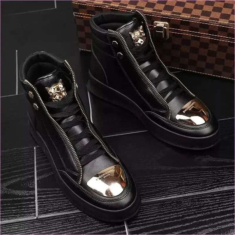 White High-top Casual Street Boots with Gold Accents and Tiger Detail - Pleasures and Sins