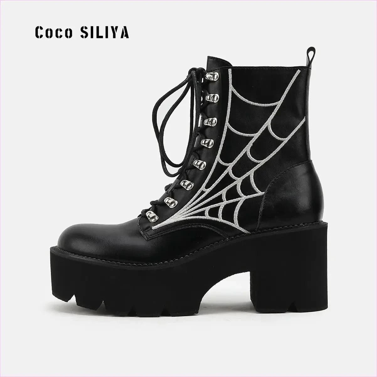 Women’s Cobweb Halloween Boots with Silver Spider Web Design - Pleasures and Sins