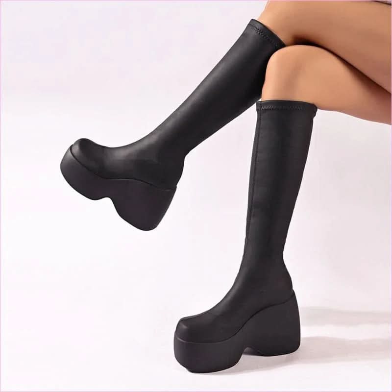 Women's High Chunky Platform Elasticated Knee-length Boots - Pleasures and Sins