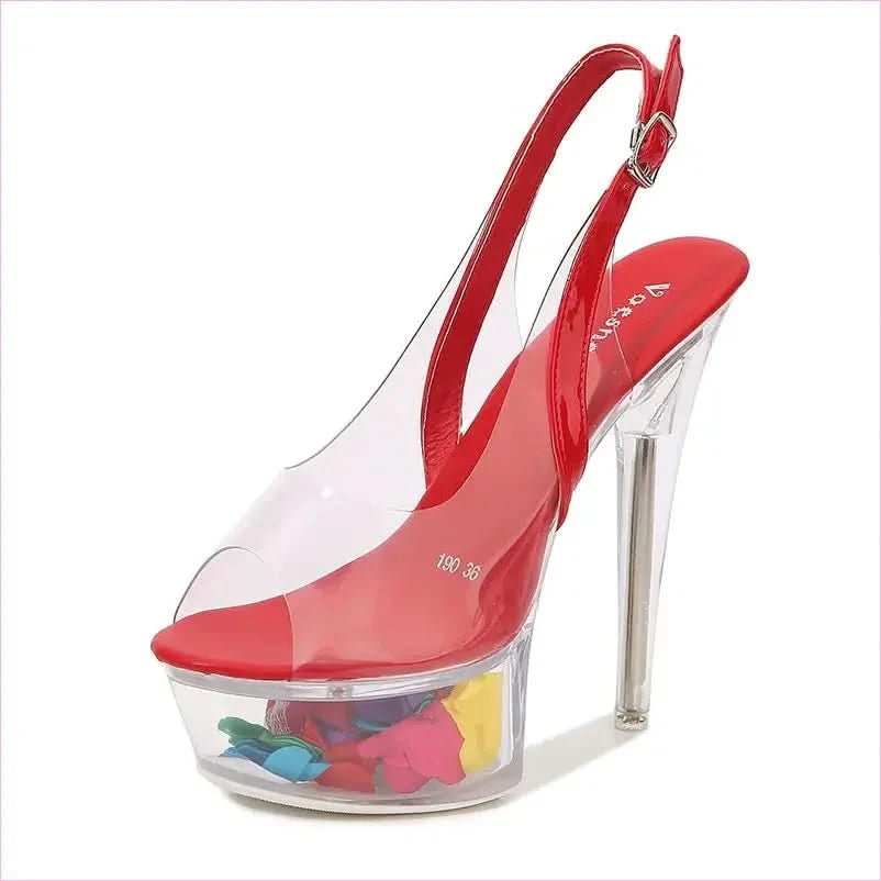 15cm Platform Shoes with Flower Filled Transparent Heel - Pleasures and Sins
