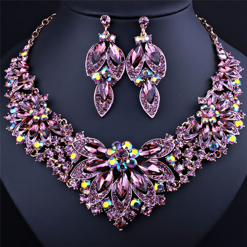 Flower Crystal Rhinestone Necklace Earrings Two-Piece Drag Queen Jewellery Set