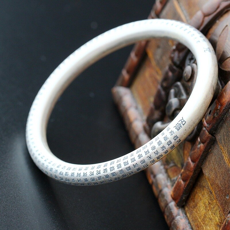 S999 Sterling Silver Handmade Buddhist Sutra Silver Bangle
