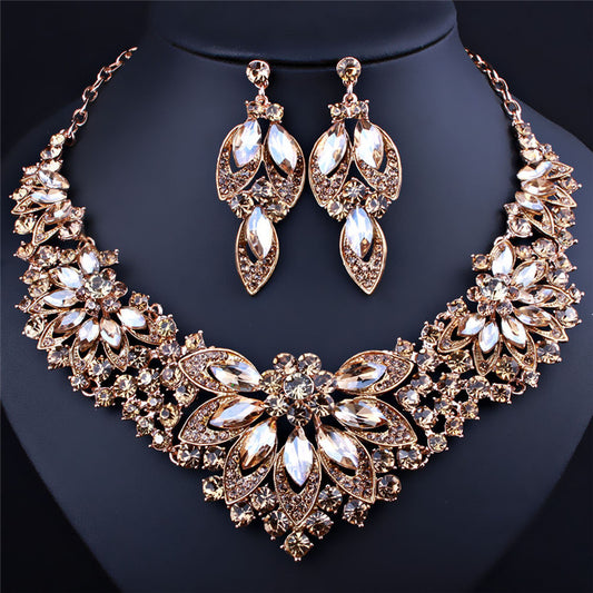 Flower Crystal Rhinestone Necklace Earrings Two-Piece Drag Queen Jewellery Set