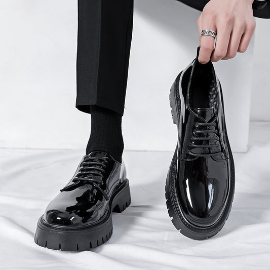 Men's Lace Up British Style Black Patent Round Toe Shoes