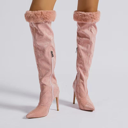 Ladies Pink Over Knee Fine High Heel Fur Edge Pointed Toe Boots