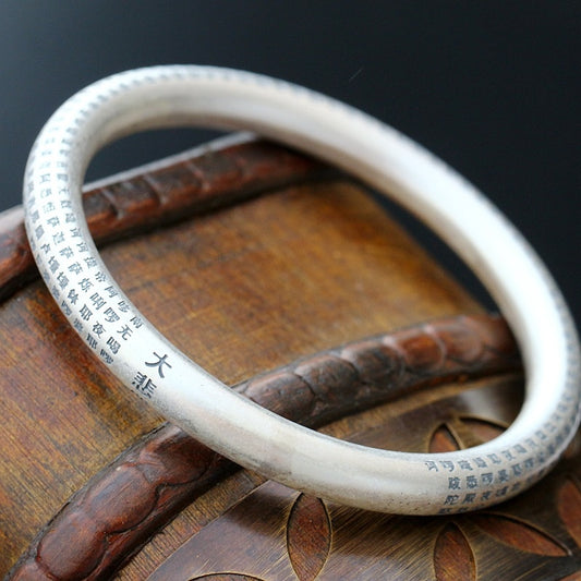 S999 Sterling Silver Handmade Buddhist Sutra Silver Bangle