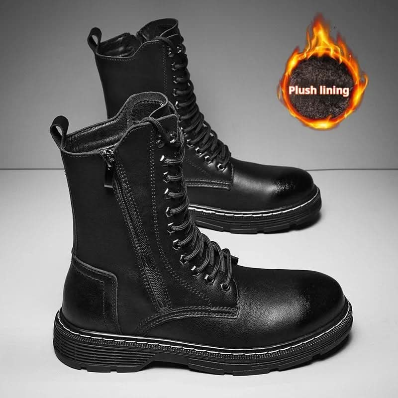 Genuine Leather Men's Long High-top Lace Up Martin Boots Boots Pleasures and Sins Black With Cotton 38