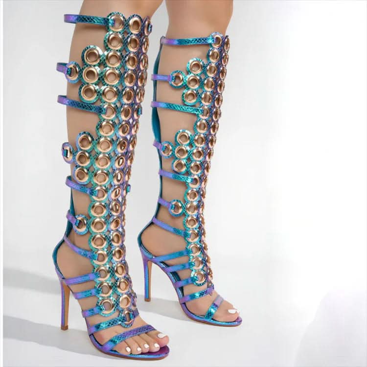 Fierce & Fabulous Stiletto Heel Open-Toe Sandals with Eye-Catching Rivets Sandals Pleasures and Sins Light Green 35