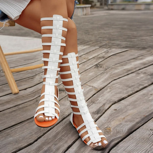 Roman Style Back Zipper Flat Heel Gladiator Sandals Metal Buckle Sandals Pleasures and Sins